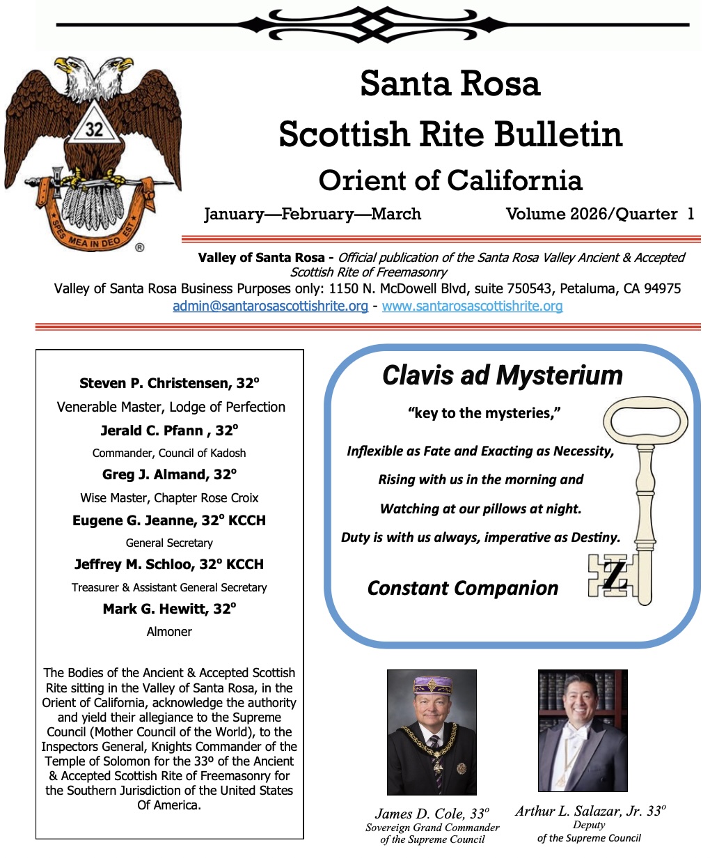 Santa Rosa Scottish Rite Bulletin - Volume 2026 Quarter 1, January through March