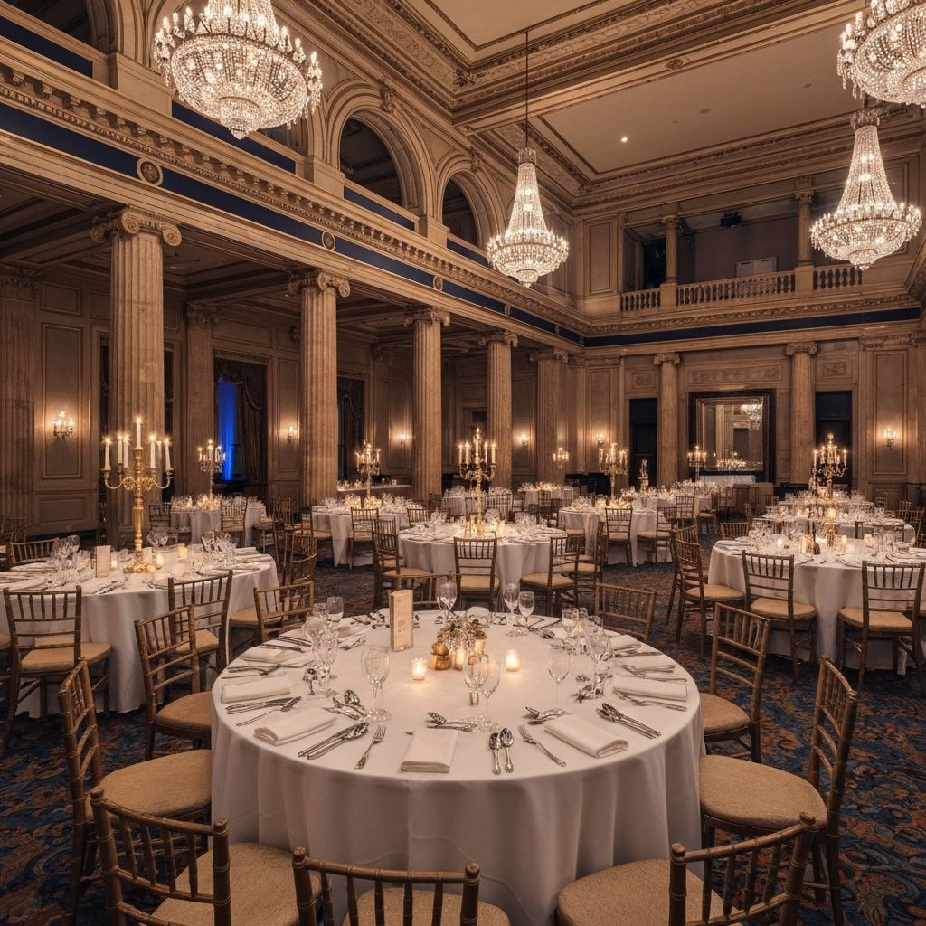 Elegant banquet hall prepared for a formal dinner